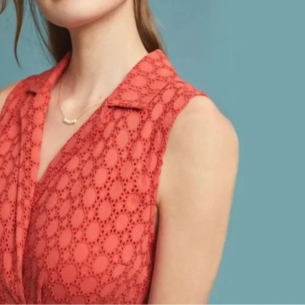 Anthropologie Elm Collared Eyelet Dress Sleeveless Coral Orange - Picture 8 of 16